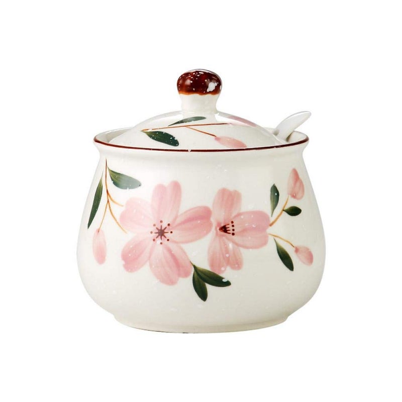 Mathew O Ceramic Japanese Hand Painted Flower Sugar Bowl Seasoning Jar with Lid Spoon - Image 1