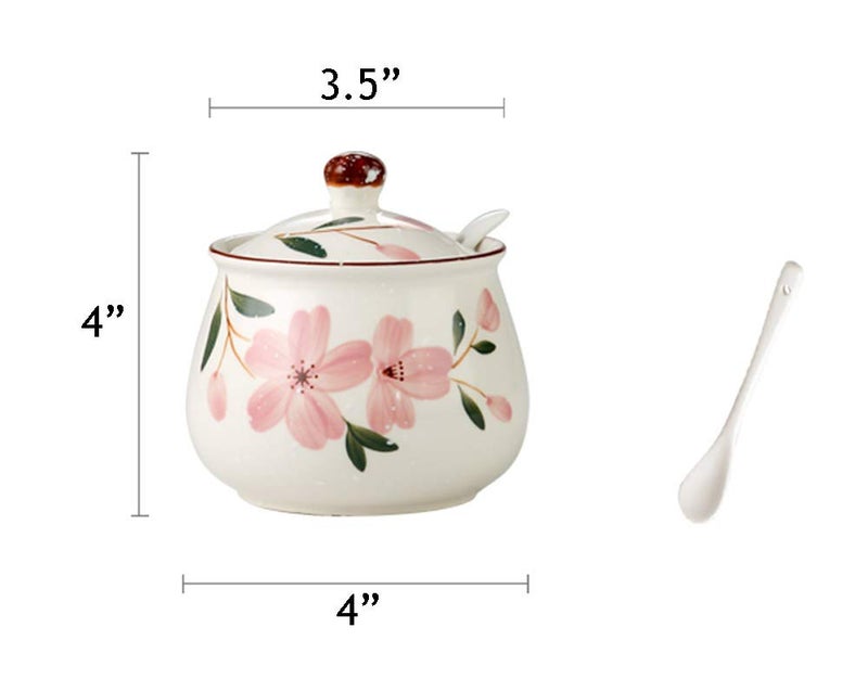 Mathew O Ceramic Japanese Hand Painted Flower Sugar Bowl Seasoning Jar with Lid Spoon - Image 2
