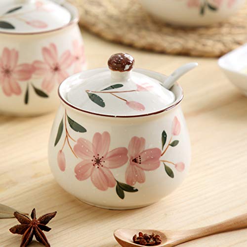 Mathew O Ceramic Japanese Hand Painted Flower Sugar Bowl Seasoning Jar with Lid Spoon - Image 4