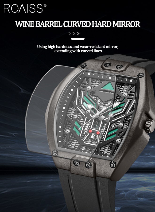 roaiss Men's Silicone Strap Quartz Watch, Analogue Display Tonneau Skeleton Mechanical Dial, Imitation Mechanical Watch Design, Luminous Waterproof Trendy Sports Wristwatch as Gift for Men - Image 3