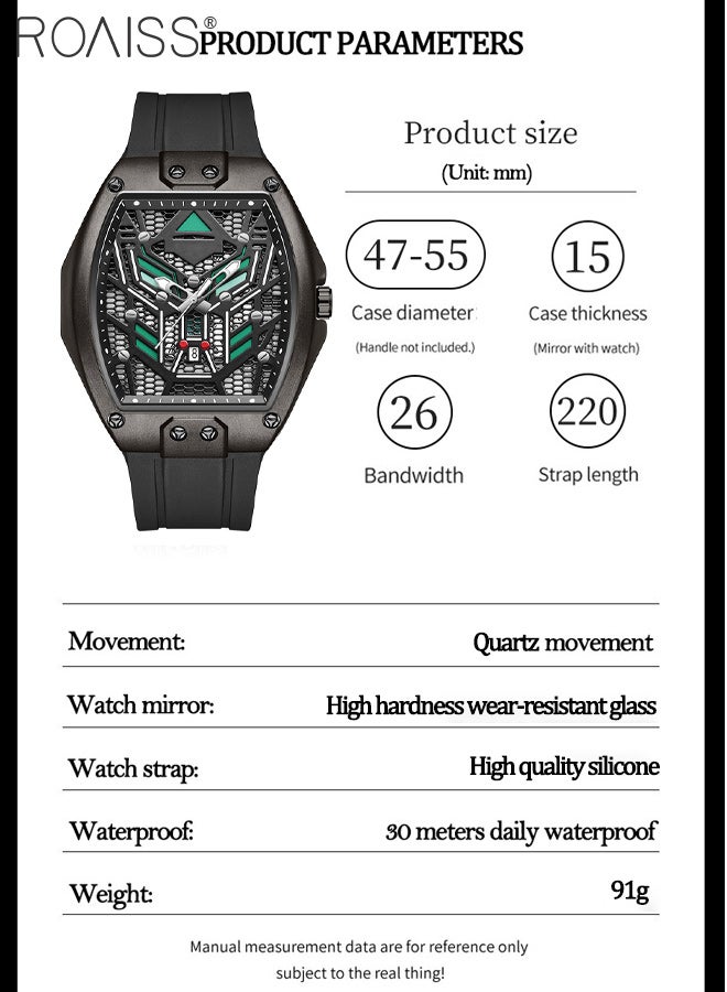 roaiss Men's Silicone Strap Quartz Watch, Analogue Display Tonneau Skeleton Mechanical Dial, Imitation Mechanical Watch Design, Luminous Waterproof Trendy Sports Wristwatch as Gift for Men - Image 5