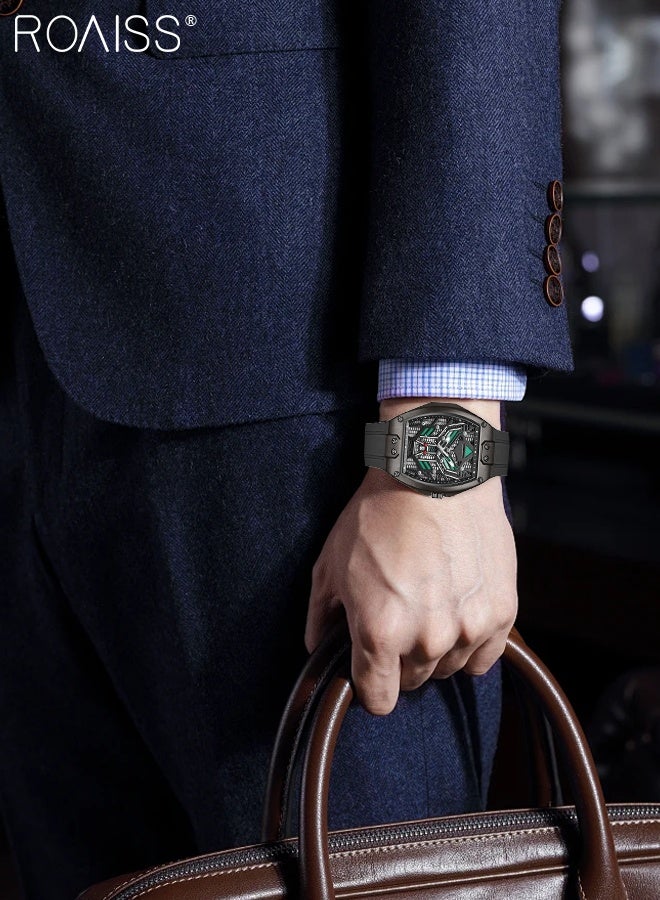 roaiss Men's Silicone Strap Quartz Watch, Analogue Display Tonneau Skeleton Mechanical Dial, Imitation Mechanical Watch Design, Luminous Waterproof Trendy Sports Wristwatch as Gift for Men - Image 2