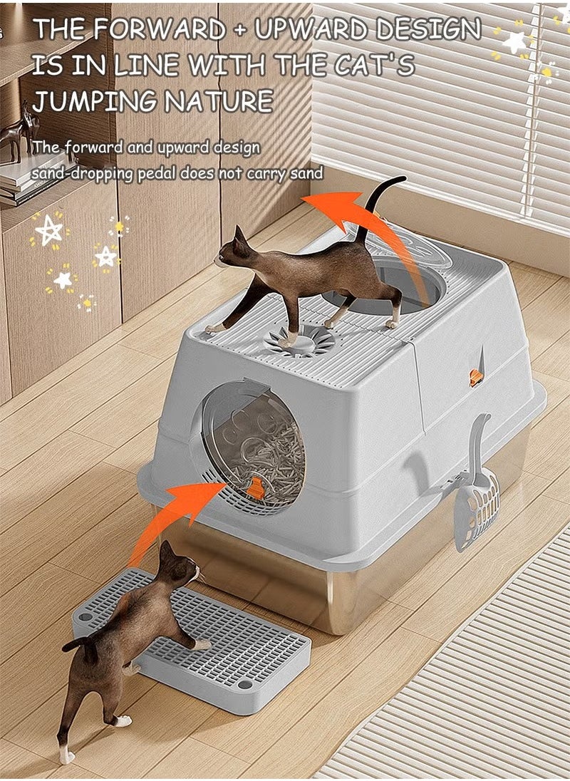 PET - Stainless Steel Litter Box with Lid Metal Cat Litter Box with Litter Scoop Extra Large Cat Box High Sides - Image 1