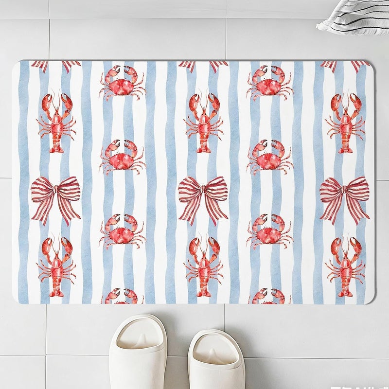 Blue Stripes Summer Bath Rug,Ocean Beach Room Door Mat,Coastal Crab Lobster Floor Mats for Living Room Bedroom Bathtub Bathroom Kitchen Small Indoor Decor,Housewarming,18 x 30In - Image 1
