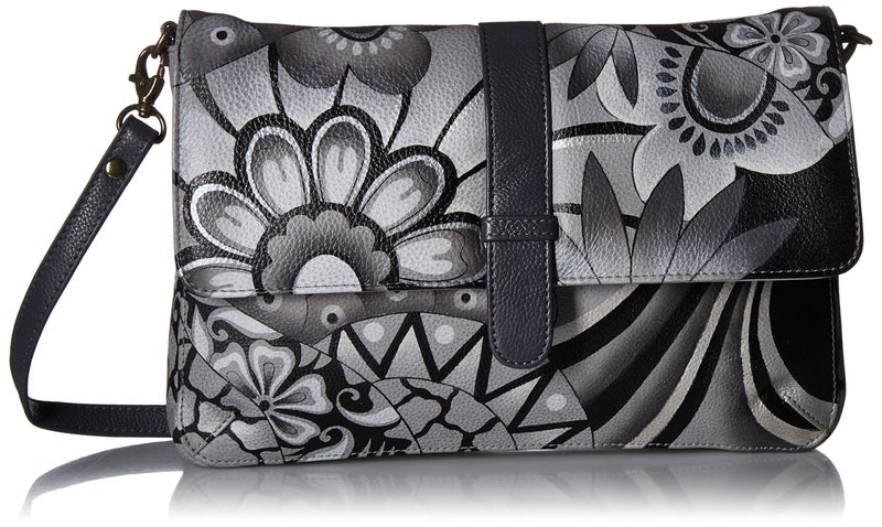 Anna by Anuschka Hand Painted Leather Womens Medium Flap Messenger Patchwork Pewter