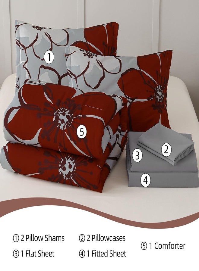 Anibedding 7Pieces Red Floral Comforter Set King Size, Soft Microfiber Red Grey Bed in a Bag Comforter Set with Sheets for All Season - Image 5