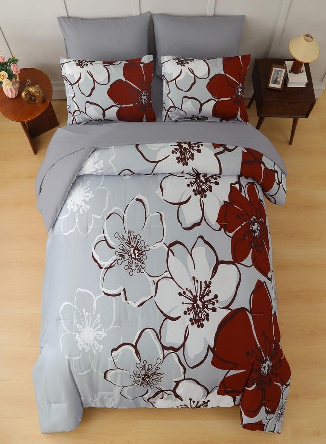 Anibedding 7Pieces Red Floral Comforter Set King Size, Soft Microfiber Red Grey Bed in a Bag Comforter Set with Sheets for All Season - Image 3