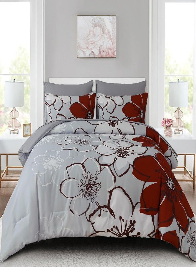 Anibedding 7Pieces Red Floral Comforter Set King Size, Soft Microfiber Red Grey Bed in a Bag Comforter Set with Sheets for All Season - Image 1