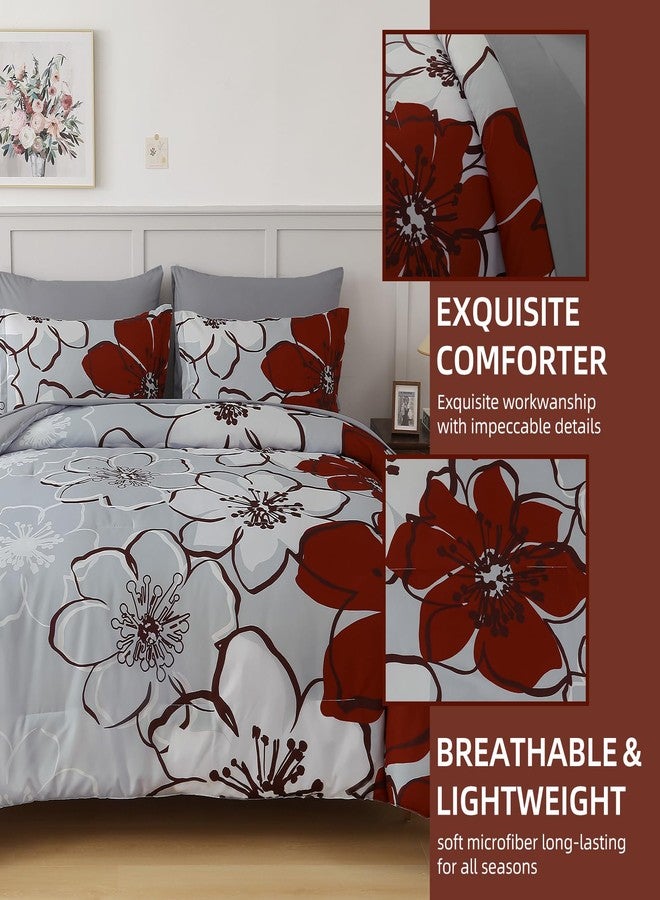 Anibedding 7Pieces Red Floral Comforter Set King Size, Soft Microfiber Red Grey Bed in a Bag Comforter Set with Sheets for All Season - Image 4