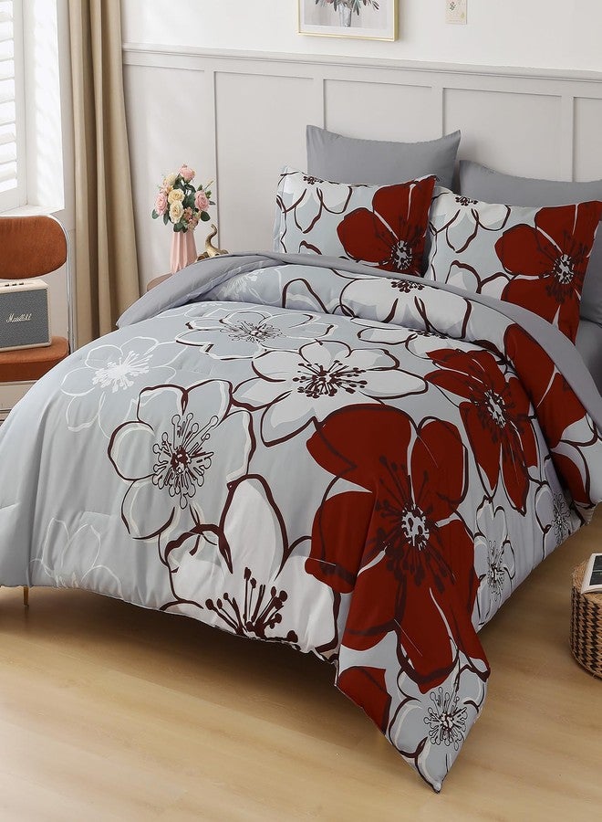 Anibedding 7Pieces Red Floral Comforter Set King Size, Soft Microfiber Red Grey Bed in a Bag Comforter Set with Sheets for All Season - Image 2