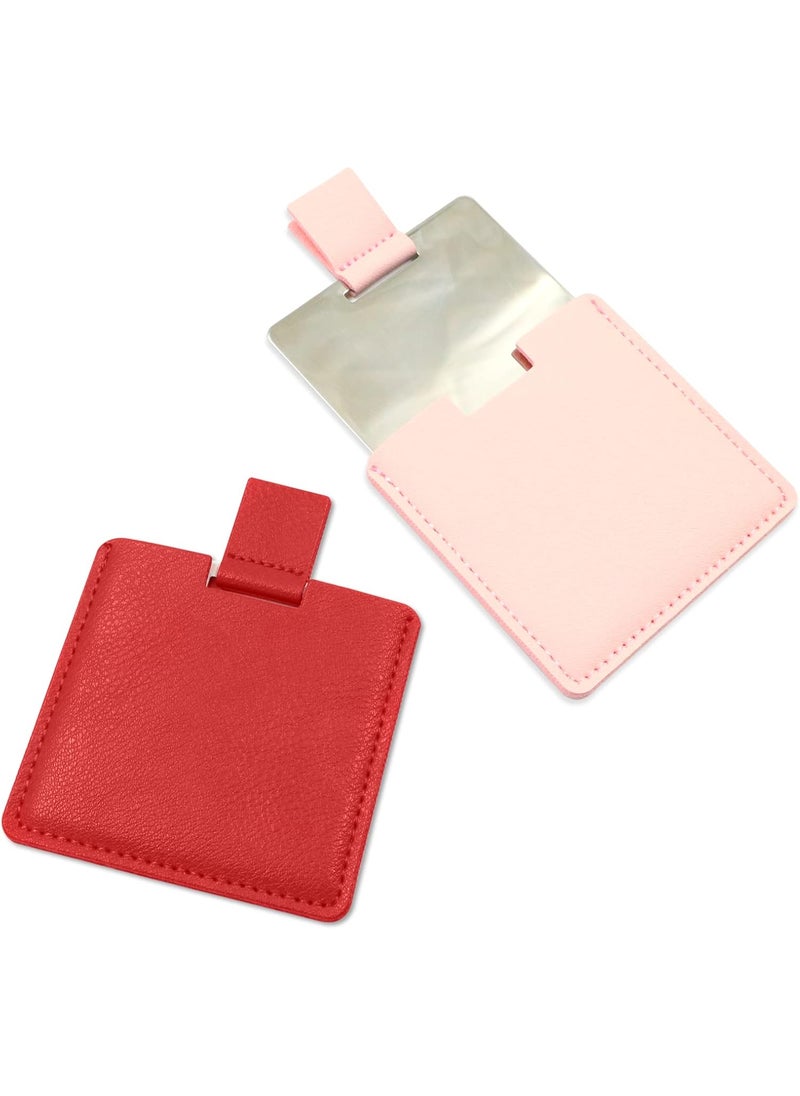 Huakaile - 2Pcs Shatterproof Stainless Steel Compact Mirror for Purses, Unbreakable Mirror Travel with PU Leather Case Cover, Handheld Camping Shaving Mirror for Women & Men, Makeup, Gift (Pink & Red) - Image 1
