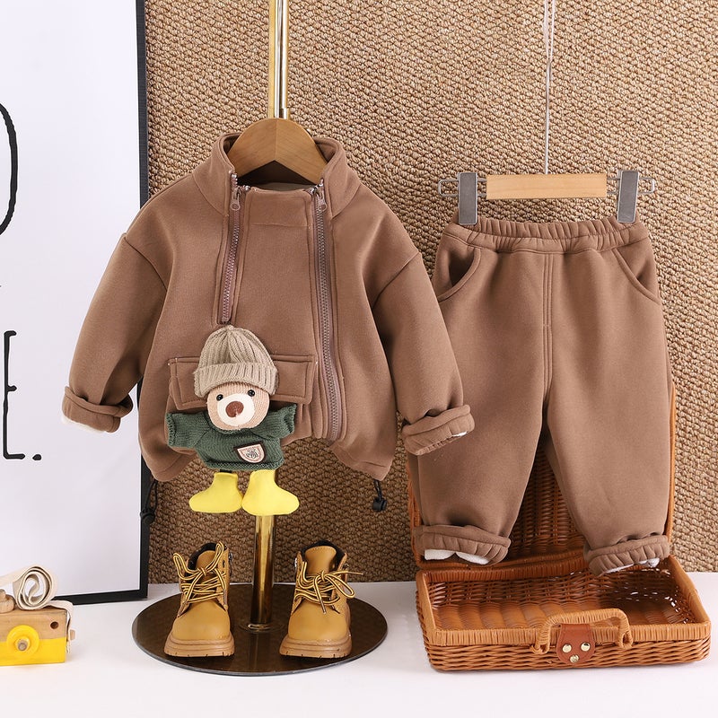 Boys Autumn and Winter Clothes suit 2024 New Childrens Baby Stylize fleece-lined Thickened Two-piece Set Coffee