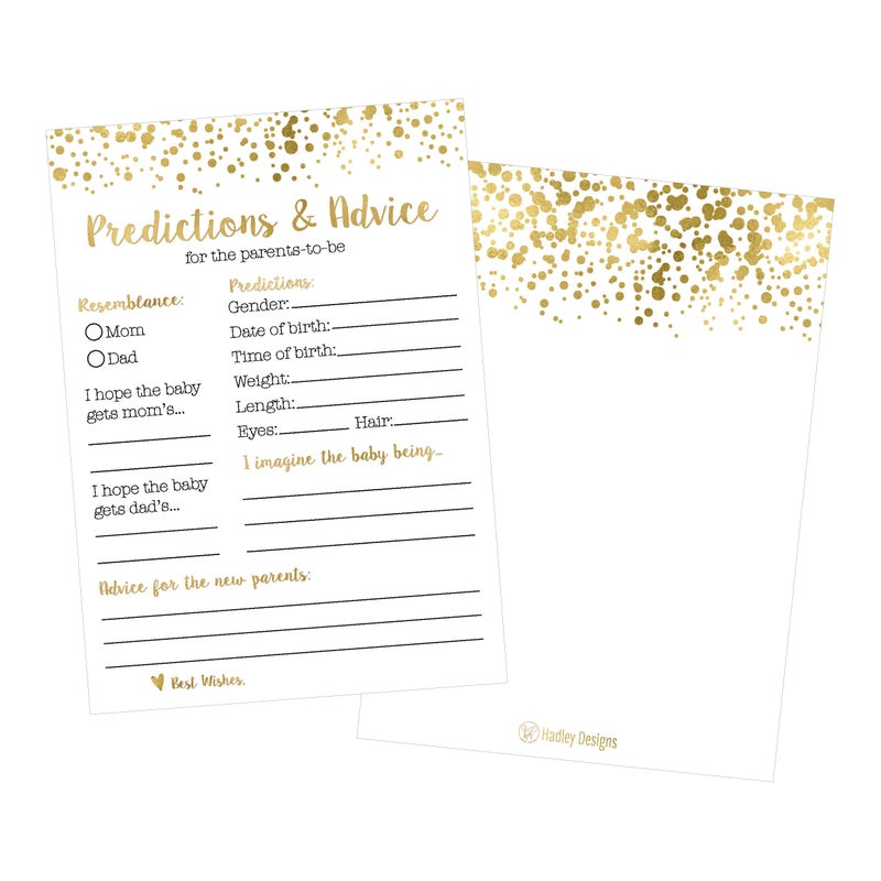 Hadley Designs 50 Gold Polka Dot Advice and Prediction Cards for Baby Shower Game New Mom Dad Card or Mommy Daddy To Be New Parent Message Advice Book Fun Gender Neutral Shower Party Favors