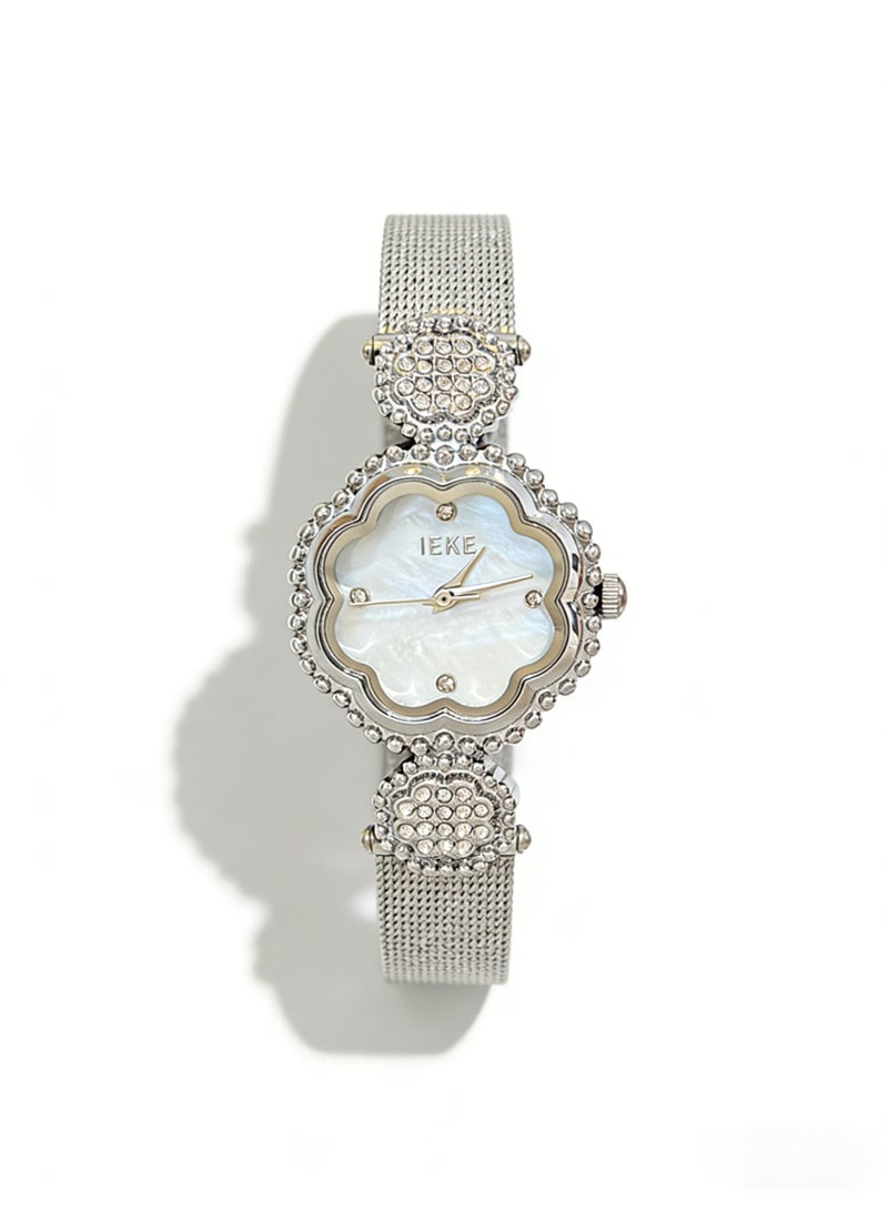 اياكي IEKE Best-Selling Silver Flower-Shaped Watch - Luxury Crystal-Accented Mother-of-Pearl Dial Mesh Bracelet Women's Quartz Wristwatch (Trending Hot Item) - Image 2