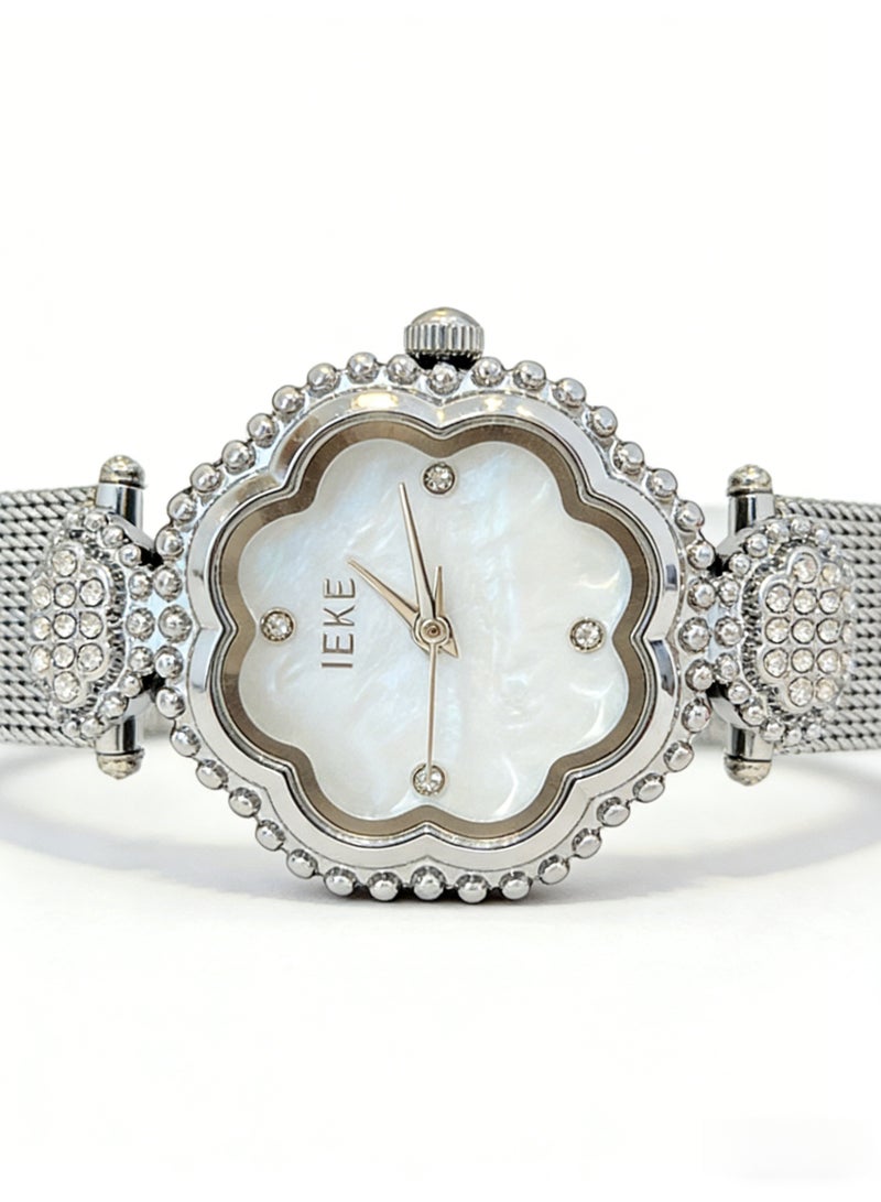 اياكي IEKE Best-Selling Silver Flower-Shaped Watch - Luxury Crystal-Accented Mother-of-Pearl Dial Mesh Bracelet Women's Quartz Wristwatch (Trending Hot Item) - Image 3