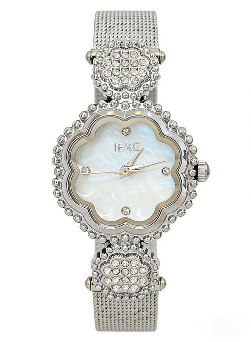اياكي IEKE Best-Selling Silver Flower-Shaped Watch - Luxury Crystal-Accented Mother-of-Pearl Dial Mesh Bracelet Women's Quartz Wristwatch (Trending Hot Item) - Image 1