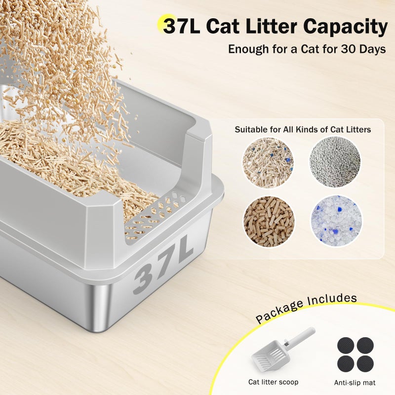 MIXJOY Stainless Steel Litter Box, Extra Large Litter Boxes for Big Cats, XLarge Metal Cat Litter Box with Lid, Anti-Urine Leakage XL Box with High Sides, Easy Clean, Non-Sticky, Scoop Included - Image 5