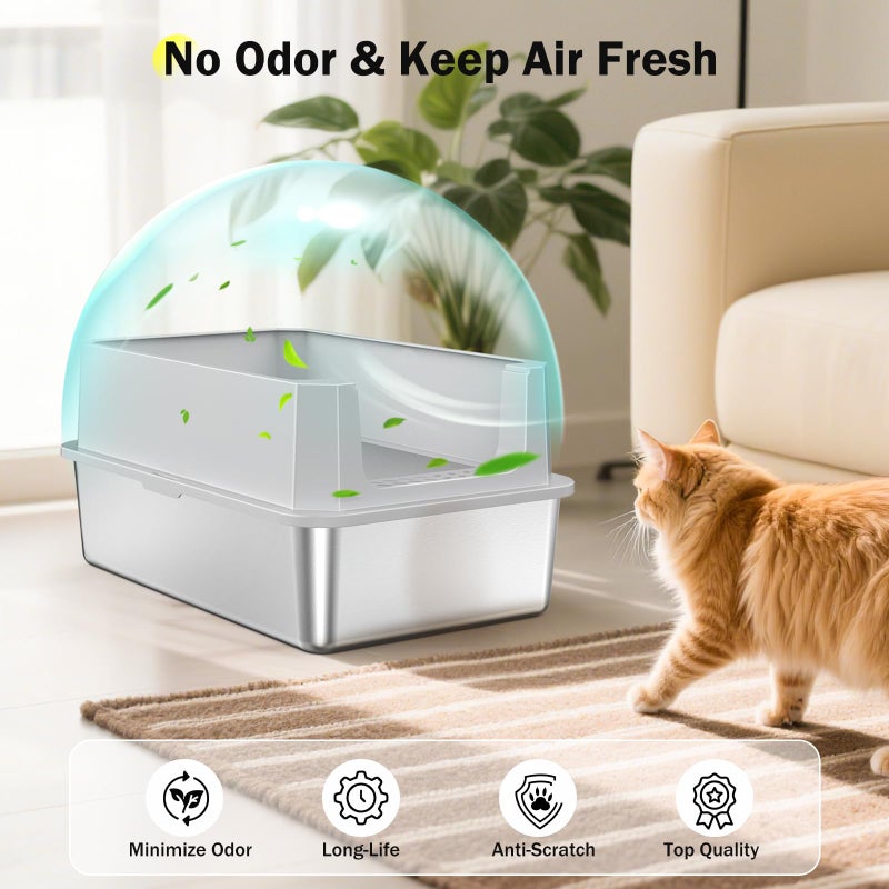MIXJOY Stainless Steel Litter Box, Extra Large Litter Boxes for Big Cats, XLarge Metal Cat Litter Box with Lid, Anti-Urine Leakage XL Box with High Sides, Easy Clean, Non-Sticky, Scoop Included - Image 4