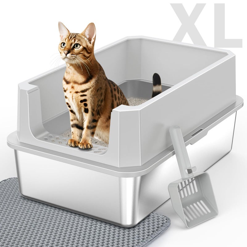 MIXJOY Stainless Steel Litter Box, Extra Large Litter Boxes for Big Cats, XLarge Metal Cat Litter Box with Lid, Anti-Urine Leakage XL Box with High Sides, Easy Clean, Non-Sticky, Scoop Included - Image 1