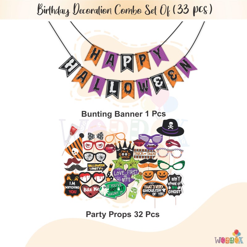 Wobbox Halloween Photo Booth Party Props (32 Pcs) DIY Kit with Orange, Purple & Black Happy Halloween Bunting Banner for Your Halloween Celebration, Halloween Decorations Item - Image 2