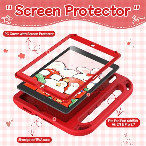 BMOUO Kids Case for iPad 9.7 2018/2017/iPad Air 2/1/Pro 9.7-Built-in Screen Protector Shockproof Handle Convertible Stand Case for iPad 9.7 Inch 2018 (6th Generation)/2017 (5th Generation)/Air 2, Red - Image 3