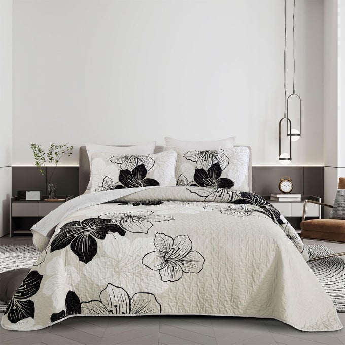 BLACK WHITE QUILT SET KING 3 PIECES FLORAL BEDDING QUILT SET SOFT BOTANICAL BEDSPREAD WITH 2 PILLOW SHAMS LIGHTWEIGHT FLOWER QUILT COVERLET SET FOR ALL SEASON 104X 90