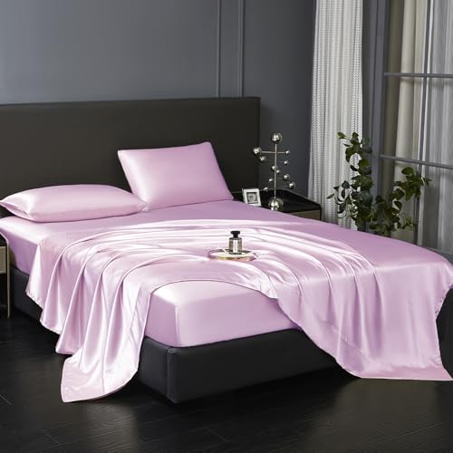 Revdomfly 4 Pcs Queen Size Luxury Silky Soft Pink Satin Sheet Set,1 Premium Moisture Wicking Fitted Sheet Fits Up to 16 Inches Deep Pocket + 1 Flat Sheet + 2 Pillowcases（Pink, Queen） - Image 2