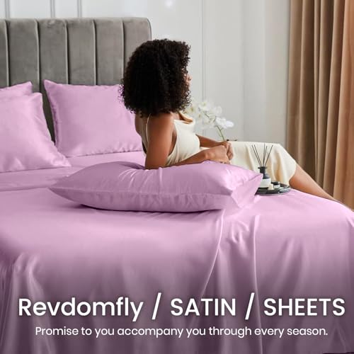 Revdomfly 4 Pcs Queen Size Luxury Silky Soft Pink Satin Sheet Set,1 Premium Moisture Wicking Fitted Sheet Fits Up to 16 Inches Deep Pocket + 1 Flat Sheet + 2 Pillowcases（Pink, Queen） - Image 3