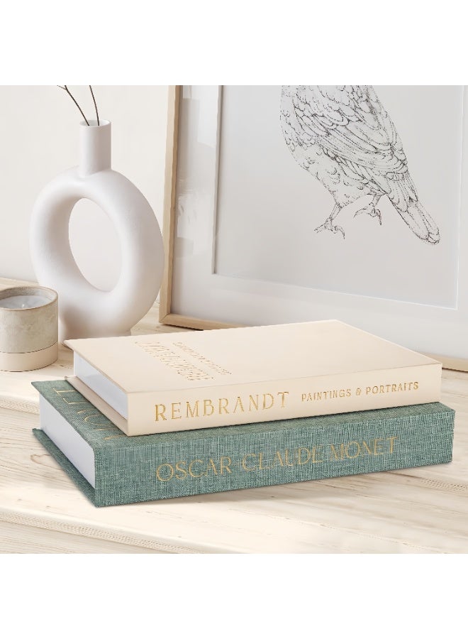 Decorative Books Set of 2, Beautiful Linen Boxes Decor Coffee Table Bookshelf or Mantle, Aesthetic Fake Books for Modern Home Decoration, Storage Box (Green+White) - Image 1