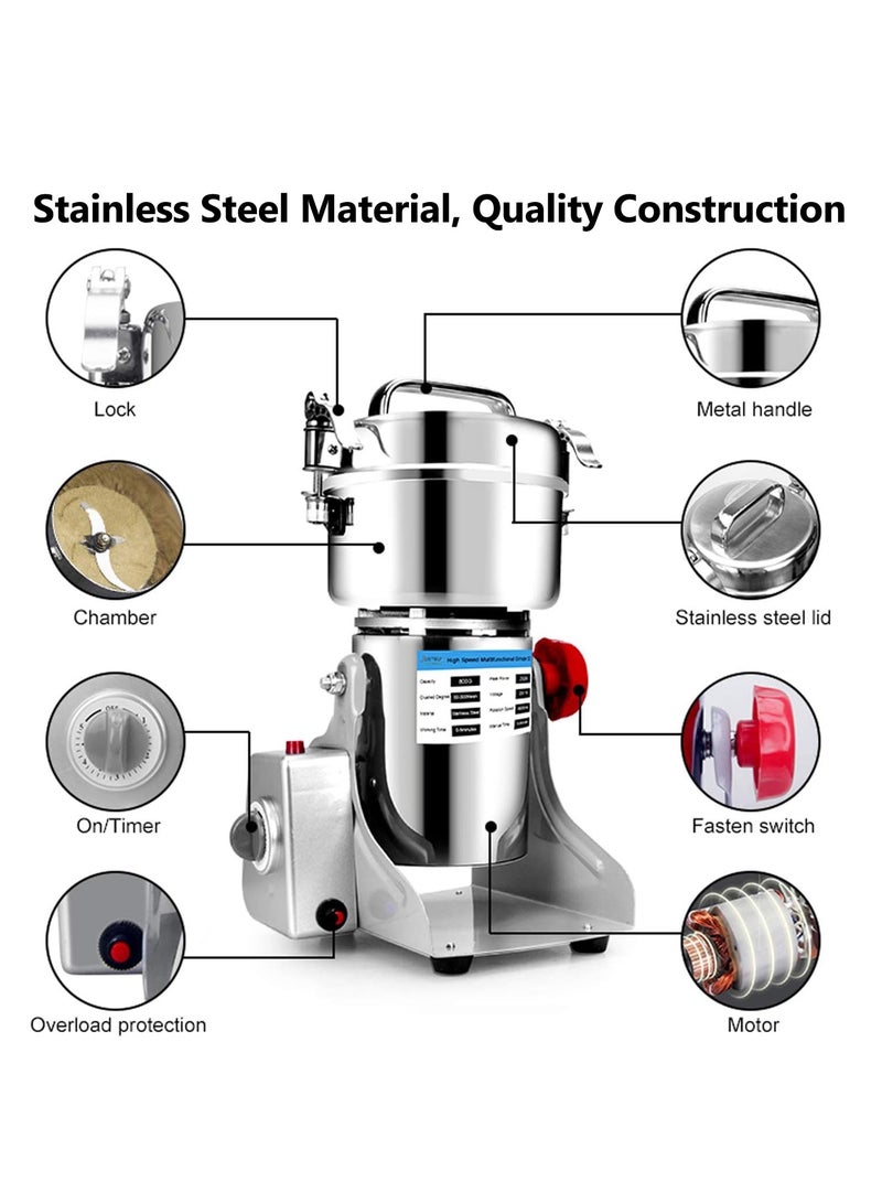 عربست مطحنة كهربائية، مطحنة البهارات، آلة مسحوق من الفولاذ المقاوم للصدأ مع حماية من التحميل الزائد ومؤقت 5 دقائق، آلة طحن الطعام الجاف للفاصوليا والبذور والمكسرات - Image 2