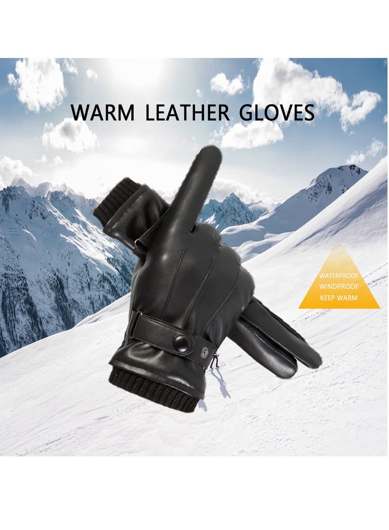 Barakah Men's Winter Warm Touchscreen Leather Gloves Adjustable Thermal Driving PU Leather Gloves - Image 2