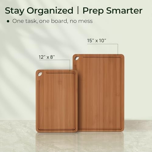 Keechee Butcher Block 2-Pcs Carbonized Bamboo Cutting Board Set With Juice Groove For Meal Prep & Cheese Serving - Ideal Kitchen Gift Set of 2 (M+L) - Image 5