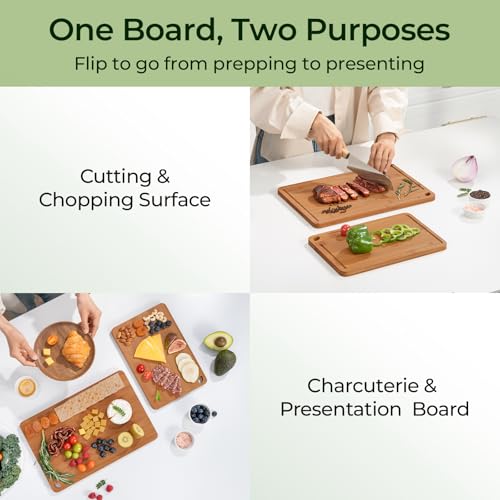 Keechee Butcher Block 2-Pcs Carbonized Bamboo Cutting Board Set With Juice Groove For Meal Prep & Cheese Serving - Ideal Kitchen Gift Set of 2 (M+L) - Image 3