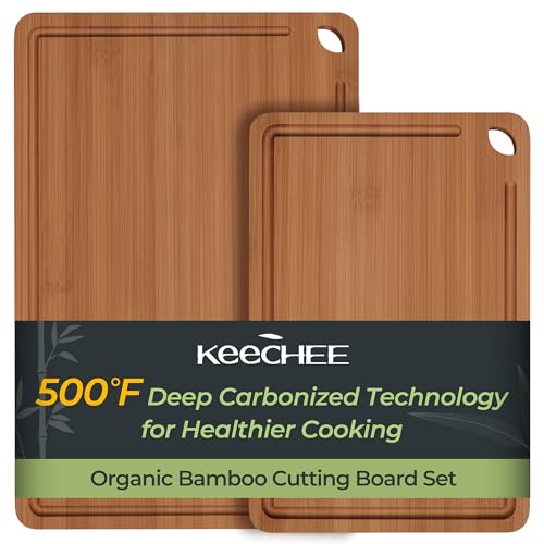 Keechee Butcher Block 2-Pcs Carbonized Bamboo Cutting Board Set With Juice Groove For Meal Prep & Cheese Serving - Ideal Kitchen Gift Set of 2 (M+L) - Image 1