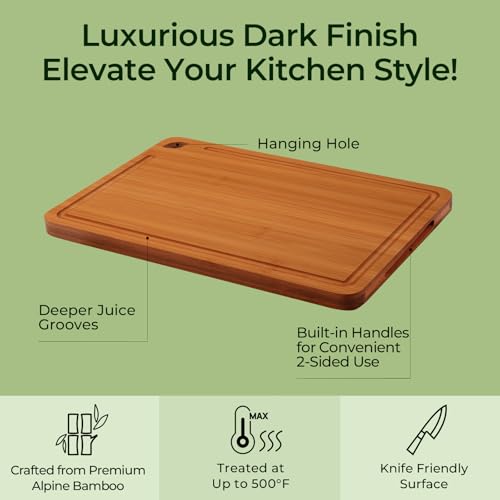 Keechee Butcher Block 2-Pcs Carbonized Bamboo Cutting Board Set With Juice Groove For Meal Prep & Cheese Serving - Ideal Kitchen Gift Set of 2 (M+L) - Image 4