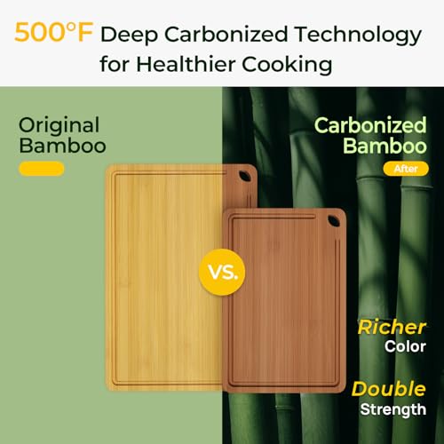 Keechee Butcher Block 2-Pcs Carbonized Bamboo Cutting Board Set With Juice Groove For Meal Prep & Cheese Serving - Ideal Kitchen Gift Set of 2 (M+L) - Image 2