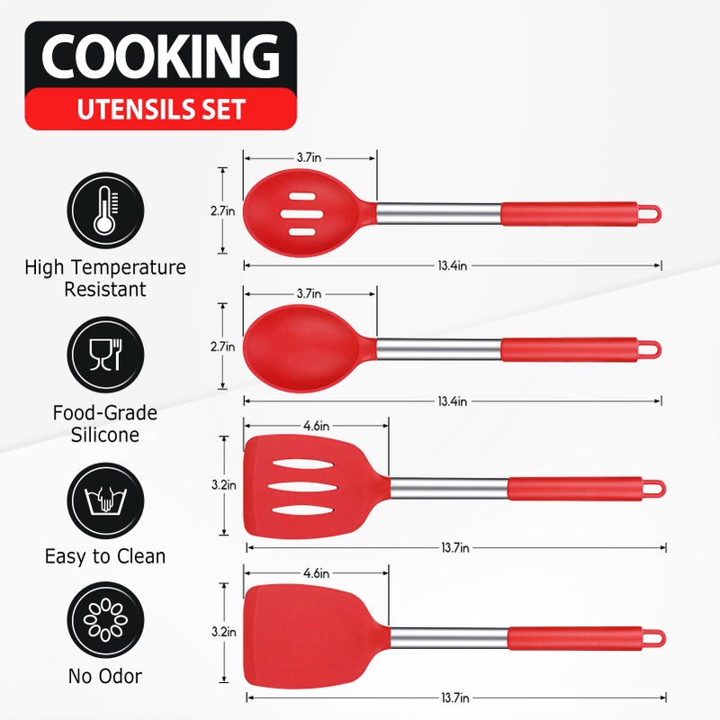 DaiRen Kitchen Pack of 4 Large Silicone Cooking Spatulas and Spoons, Slotted and Solid Stainless Steel Cooking Utensils Set, Non-stick Heat Resistant Kitchen for Baking, Fried, Stir-Fry, Mixing, Serving (Red) - Image 2