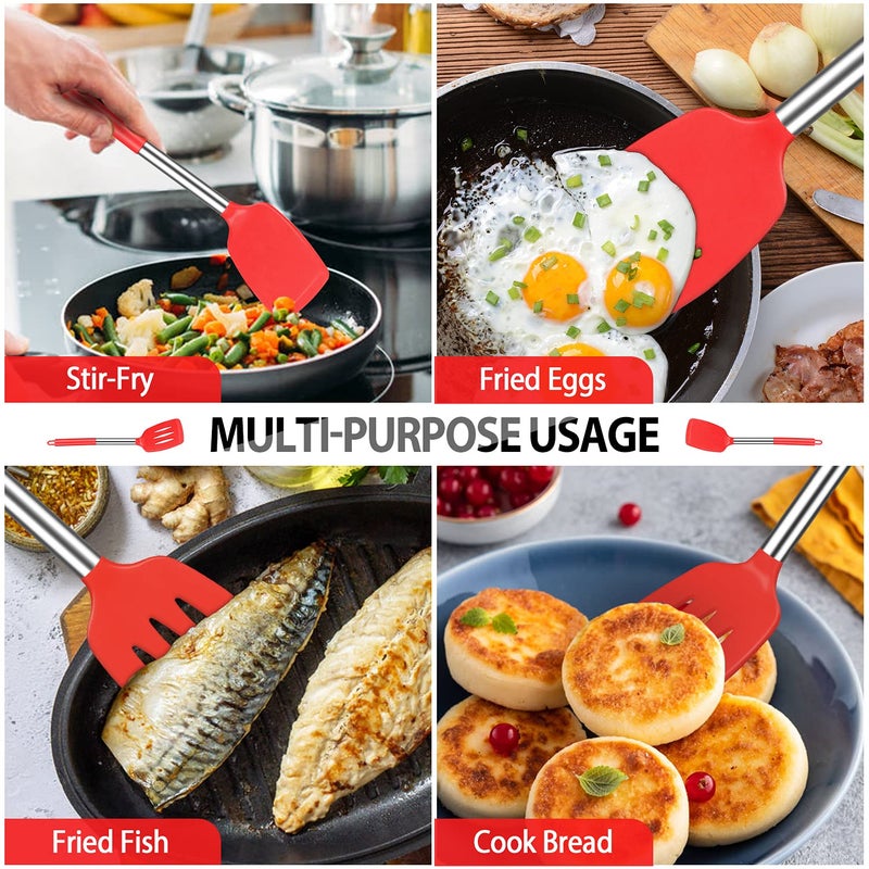 DaiRen Kitchen Pack of 4 Large Silicone Cooking Spatulas and Spoons, Slotted and Solid Stainless Steel Cooking Utensils Set, Non-stick Heat Resistant Kitchen for Baking, Fried, Stir-Fry, Mixing, Serving (Red) - Image 4