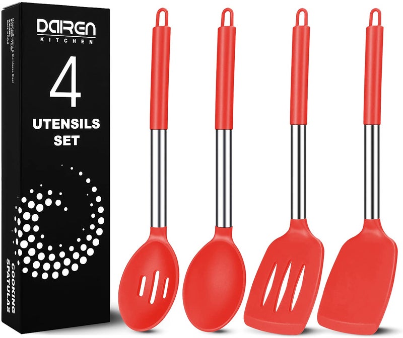 DaiRen Kitchen Pack of 4 Large Silicone Cooking Spatulas and Spoons, Slotted and Solid Stainless Steel Cooking Utensils Set, Non-stick Heat Resistant Kitchen for Baking, Fried, Stir-Fry, Mixing, Serving (Red) - Image 1