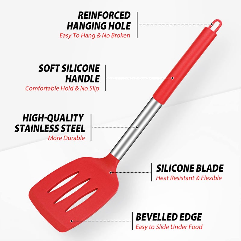 DaiRen Kitchen Pack of 4 Large Silicone Cooking Spatulas and Spoons, Slotted and Solid Stainless Steel Cooking Utensils Set, Non-stick Heat Resistant Kitchen for Baking, Fried, Stir-Fry, Mixing, Serving (Red) - Image 3