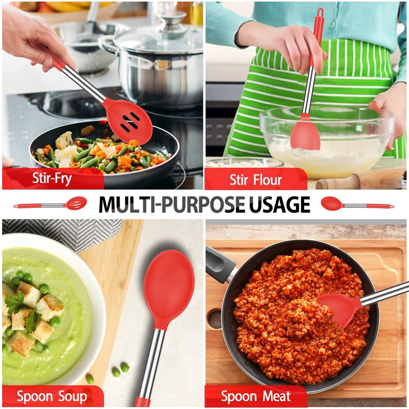 DaiRen Kitchen Pack of 4 Large Silicone Cooking Spatulas and Spoons, Slotted and Solid Stainless Steel Cooking Utensils Set, Non-stick Heat Resistant Kitchen for Baking, Fried, Stir-Fry, Mixing, Serving (Red) - Image 5