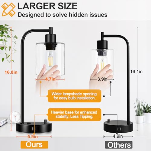 Lynnoland Set of 2 Industrial Table Lamps with USB C+A Ports and Outlet, Fully Stepless Dimmable Bedside Lamps for Bedrooms, Nightstand Desk Lamp with Glass Shade for Reading Living Room Office (Bulbs Included) - Image 5