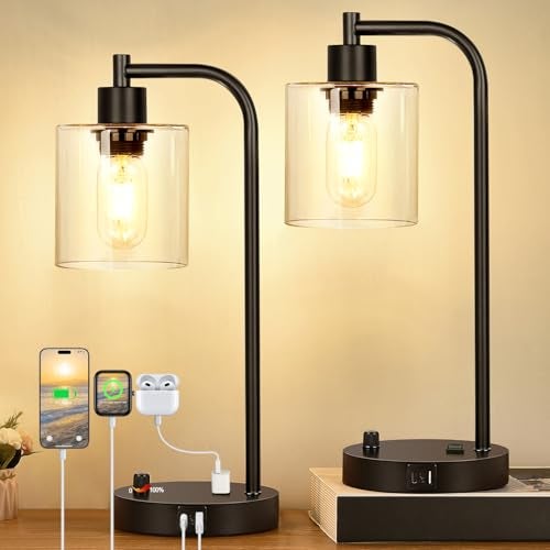 Lynnoland Set of 2 Industrial Table Lamps with USB C+A Ports and Outlet, Fully Stepless Dimmable Bedside Lamps for Bedrooms, Nightstand Desk Lamp with Glass Shade for Reading Living Room Office (Bulbs Included) - Image 1