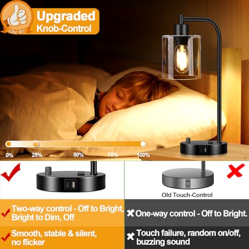 Lynnoland Set of 2 Industrial Table Lamps with USB C+A Ports and Outlet, Fully Stepless Dimmable Bedside Lamps for Bedrooms, Nightstand Desk Lamp with Glass Shade for Reading Living Room Office (Bulbs Included) - Image 4