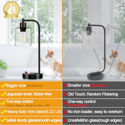 Lynnoland Set of 2 Industrial Table Lamps with USB C+A Ports and Outlet, Fully Stepless Dimmable Bedside Lamps for Bedrooms, Nightstand Desk Lamp with Glass Shade for Reading Living Room Office (Bulbs Included) - Image 2
