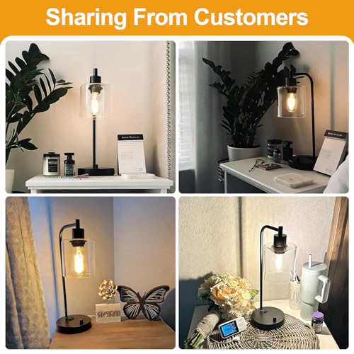 Lynnoland Set of 2 Industrial Table Lamps with USB C+A Ports and Outlet, Fully Stepless Dimmable Bedside Lamps for Bedrooms, Nightstand Desk Lamp with Glass Shade for Reading Living Room Office (Bulbs Included) - Image 3