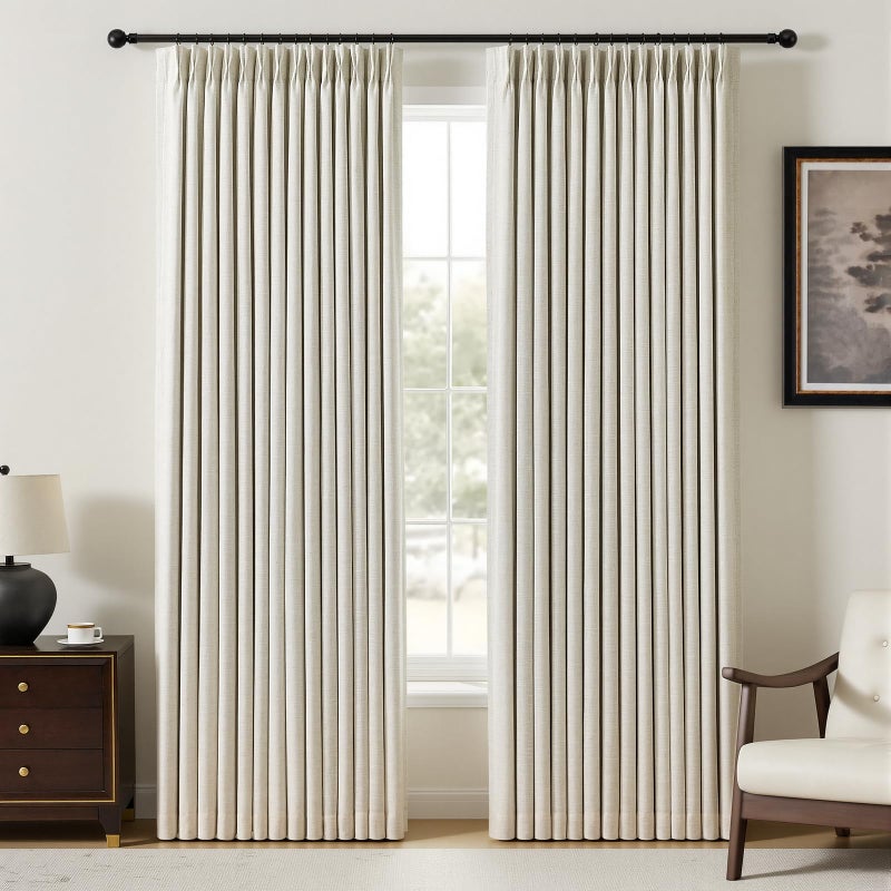 YZ HOME Pinch Pleated Linen Curtains 100% Blackout 84 Inches Long for Living Room Bedroom, Memory Trained Thermal Insulated Room Darkening Window Drapes with Rings Hooks, 2 Panels, Natural, 40"Wx84"L - Image 1