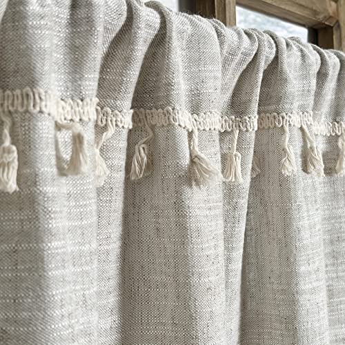 Oindec Boho Tassel Kitchen Curtains 36 Inch Length Modern Farmhouse Cotton Linen Short Cafe Curtains for Bathroom Small Window Country Rustic Tiers Bohemian Decor (26W x 36L, 2 Panels, Natural) - Image 5