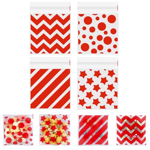 eowqeiur Valentines Cellophane Treat bags(4x4 Inch) 100 PCS Red Polka Dots Star Stripe Self Sealing Cookie Treat Snack Goodie Candy Goody Gifts Bags for Graduation Birthday Valentines Party Favors Supplies Wrap - Image 1