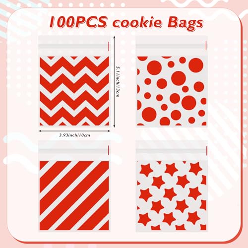 eowqeiur Valentines Cellophane Treat bags(4x4 Inch) 100 PCS Red Polka Dots Star Stripe Self Sealing Cookie Treat Snack Goodie Candy Goody Gifts Bags for Graduation Birthday Valentines Party Favors Supplies Wrap - Image 2
